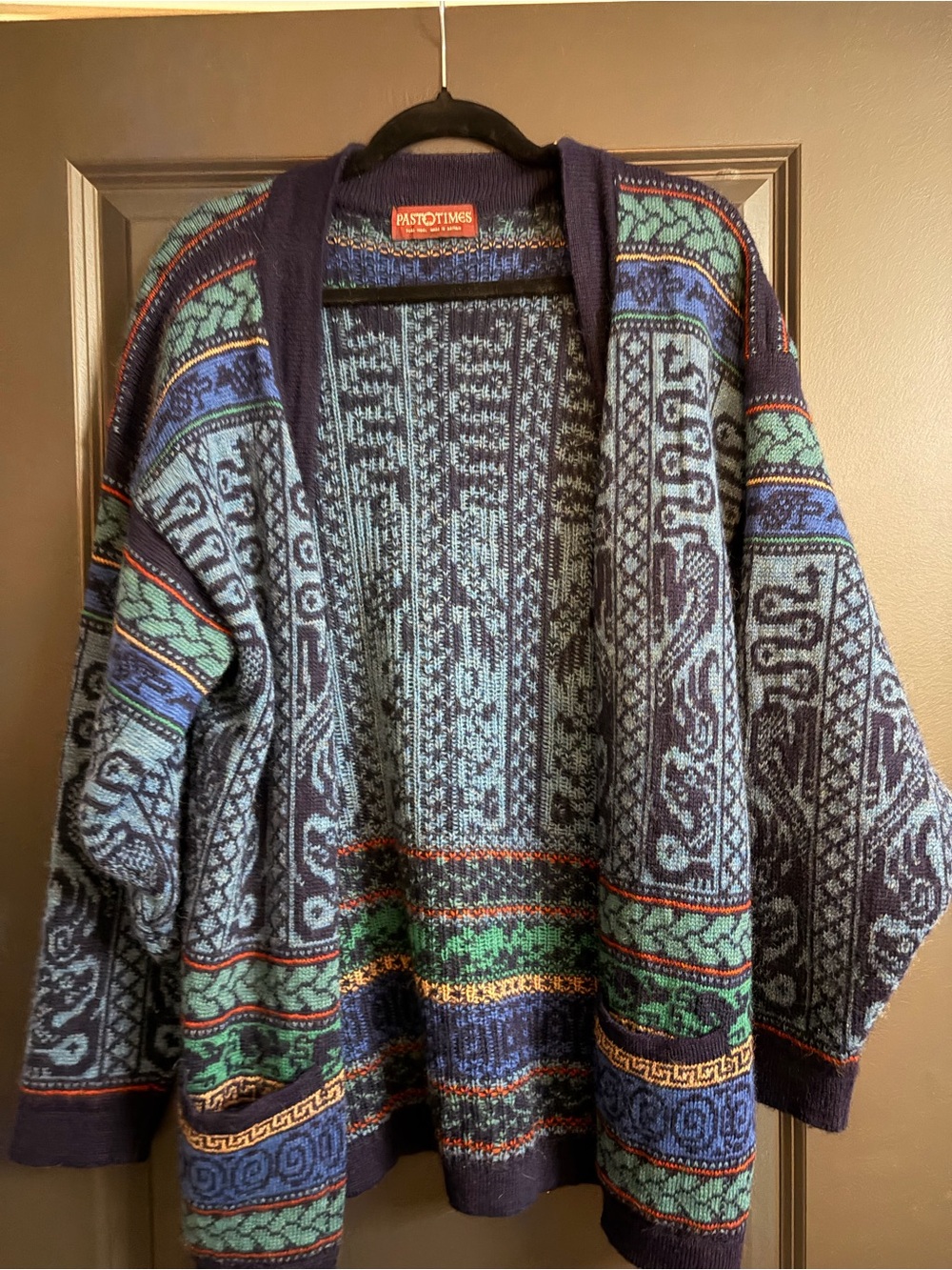 Vintage Past Times Open-Front Blue Patterned Women's Cardigan Sweater 100% wool